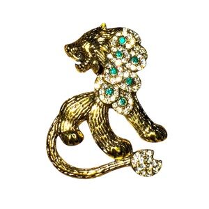 Green Lion Brooch in Gold Tone